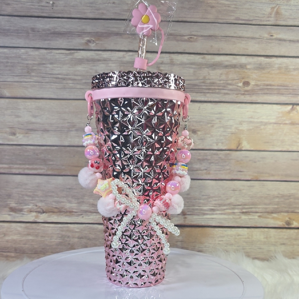 Holiday Time Pink Metallic Studded Travel Tumbler with Beaded Charm